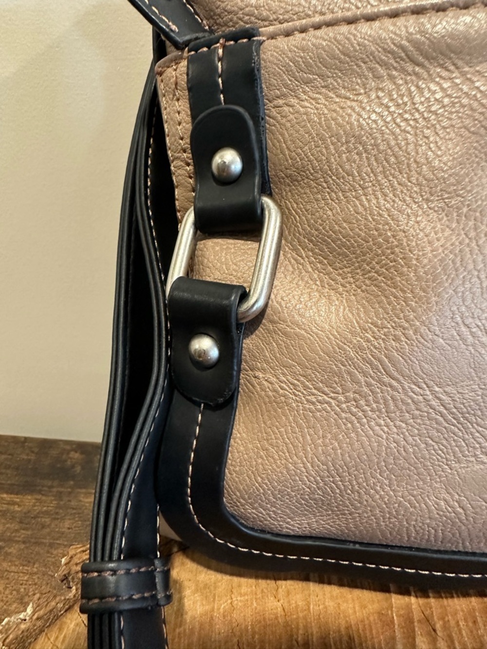 Taupe Crossbody Bag with Black Trim and Adjustable Strap - Picture 3 of 13